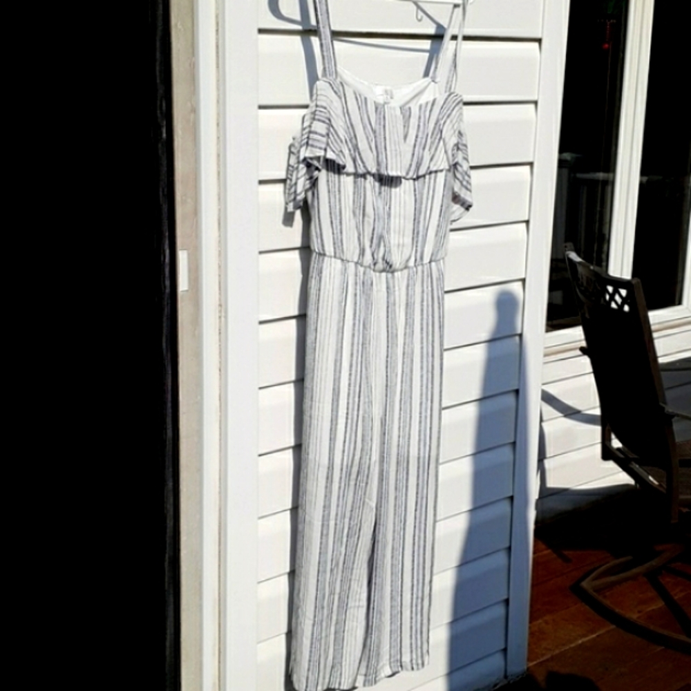C Chic XL blue and white ruffled off shoulder or strap Striped jumpsuit